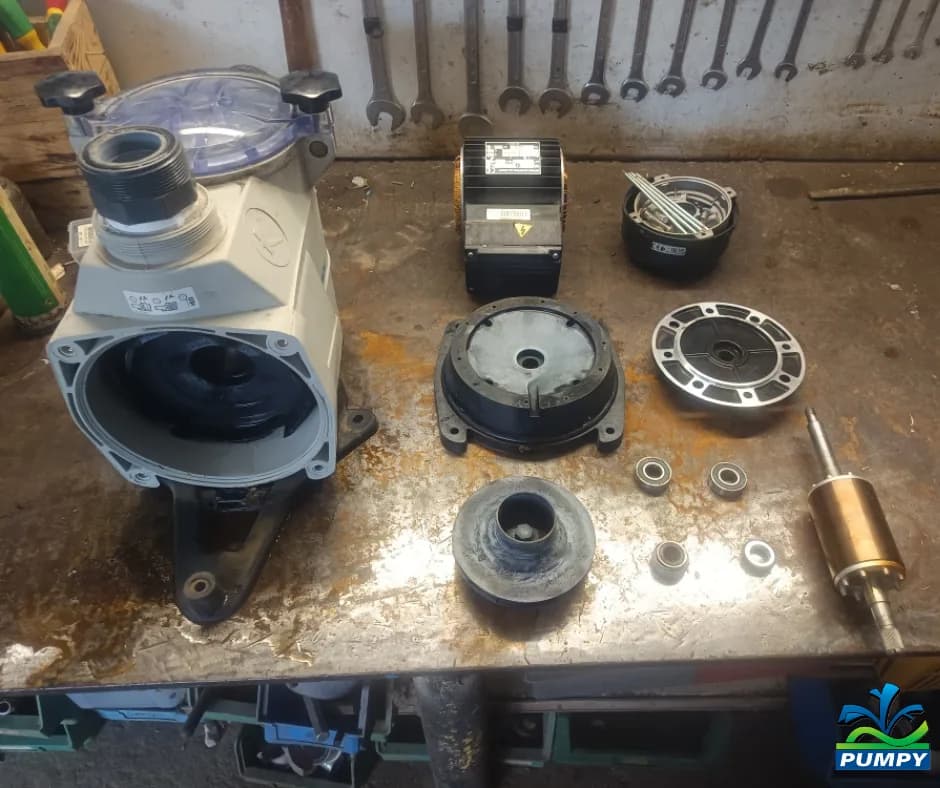 Pièces de pompe en réparation à l'atelier Pumpy